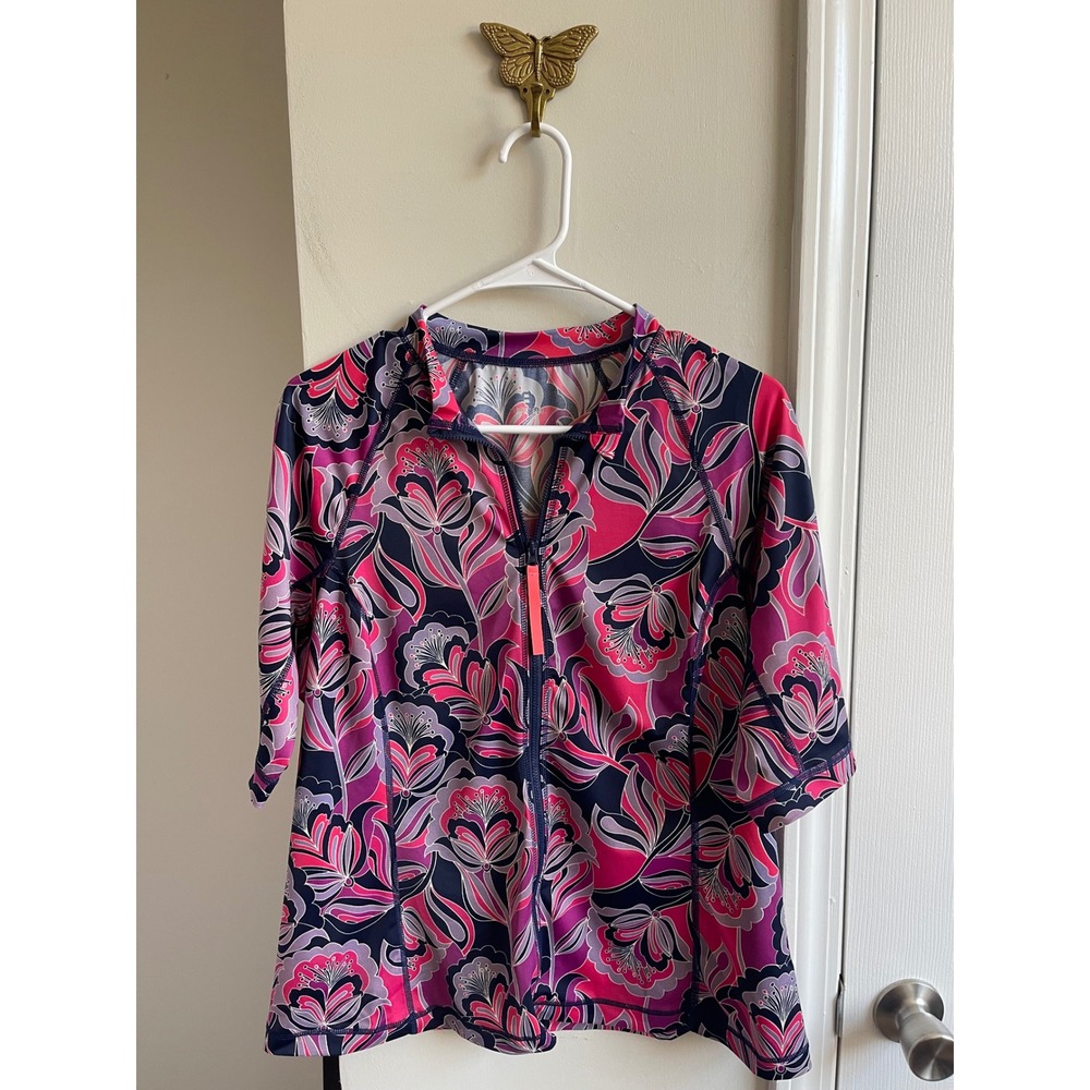 Lands End Womens Floral Quarter Zip Rash Guard Swim Shirt Pink Purple Navy L